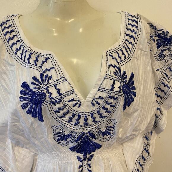 Y2K Uno Core Kimono Top Blouse White Blue Embroidered Coastal Beach Boho Women S - Picture 7 of 8